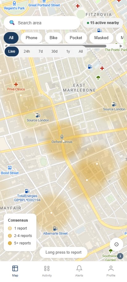 Alexo map view showing 15 active incident reports across London