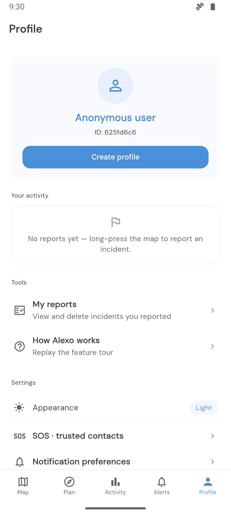 Anonymous user profile screen showing no personal data collected
