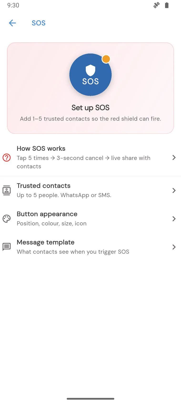 SOS setup screen — add trusted contacts so the shield button can fire
